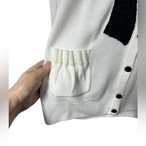 NWOT Cream Luxe Cardigan With Black Bow & Scalloped Trim Size Large - Picture 3 of 15